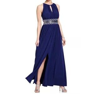 R&M Richards Petite Beaded Gown 4p Royal Blue Slit Party Cocktail Wedding Guest